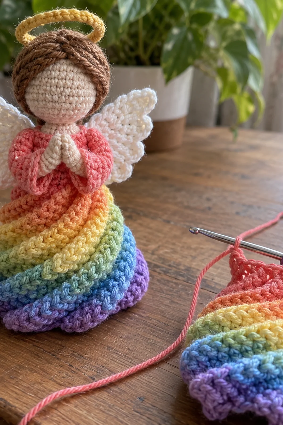 Rainbow Angel Spiral Crochet: progress 02 view.