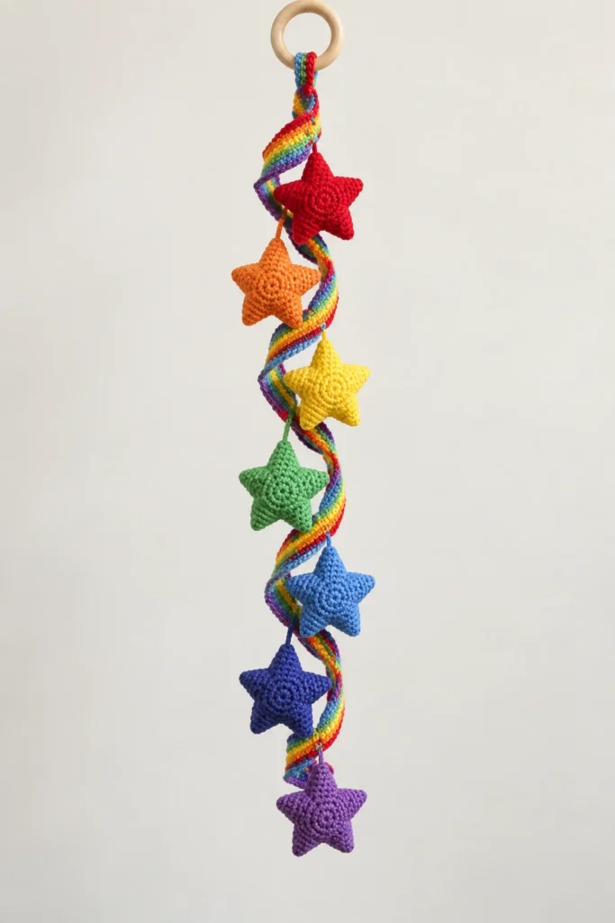 Finished Rainbow Stars Crochet Spiral hanging with a rainbow corkscrew ribbon, seven colorful stuffed stars, and a natural wooden ring