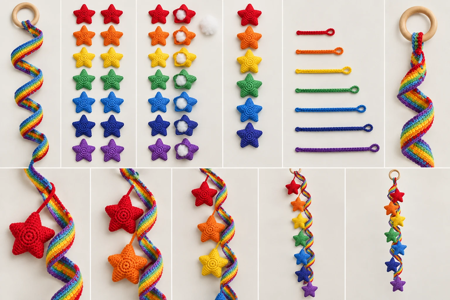 Construction collage showing the crochet spiral, hanging loop, colored connector cords, five-point star panels, stuffed stars, and final assembly