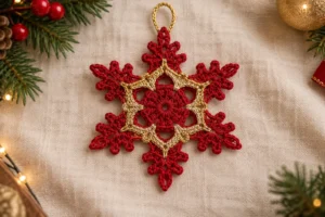 Finished red and gold six-arm crochet snowflake ornament with a gold hanging loop