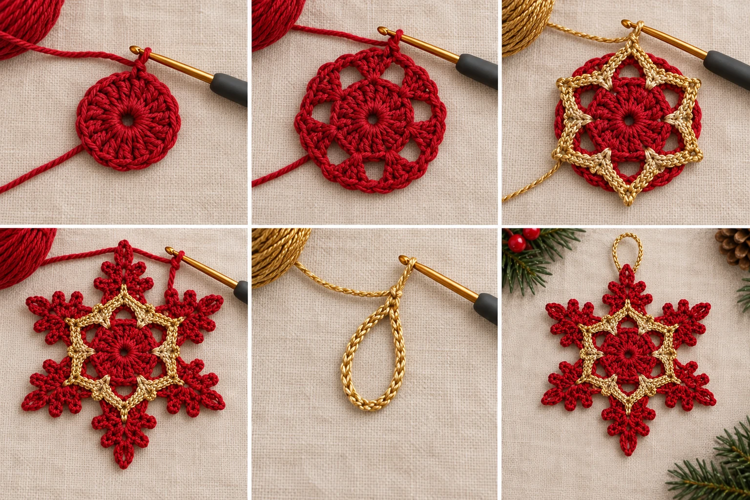 Construction steps for the red and gold crochet snowflake motif and separate gold hanging loop