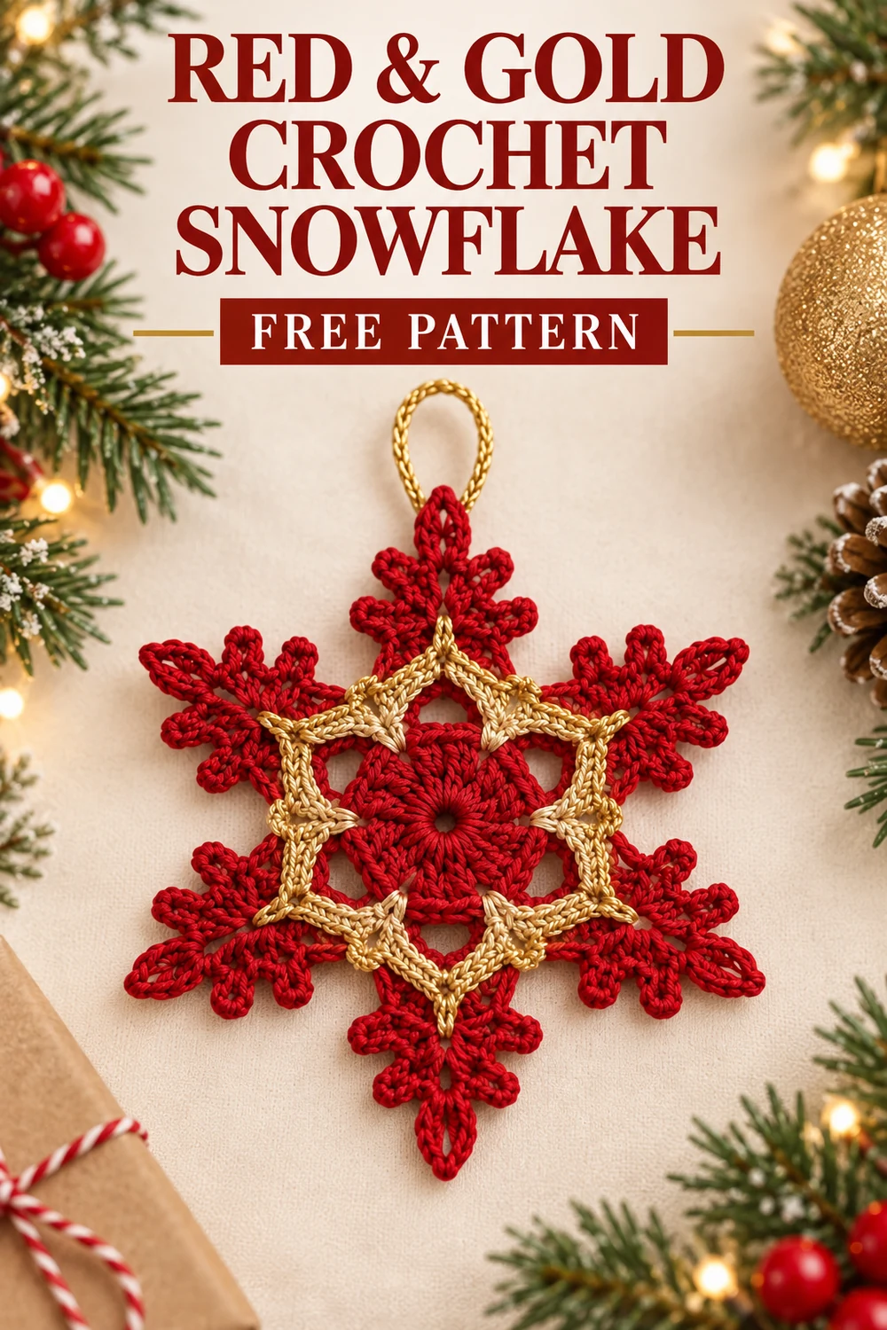Red and Gold Crochet Snowflake Ornament free pattern Pinterest graphic