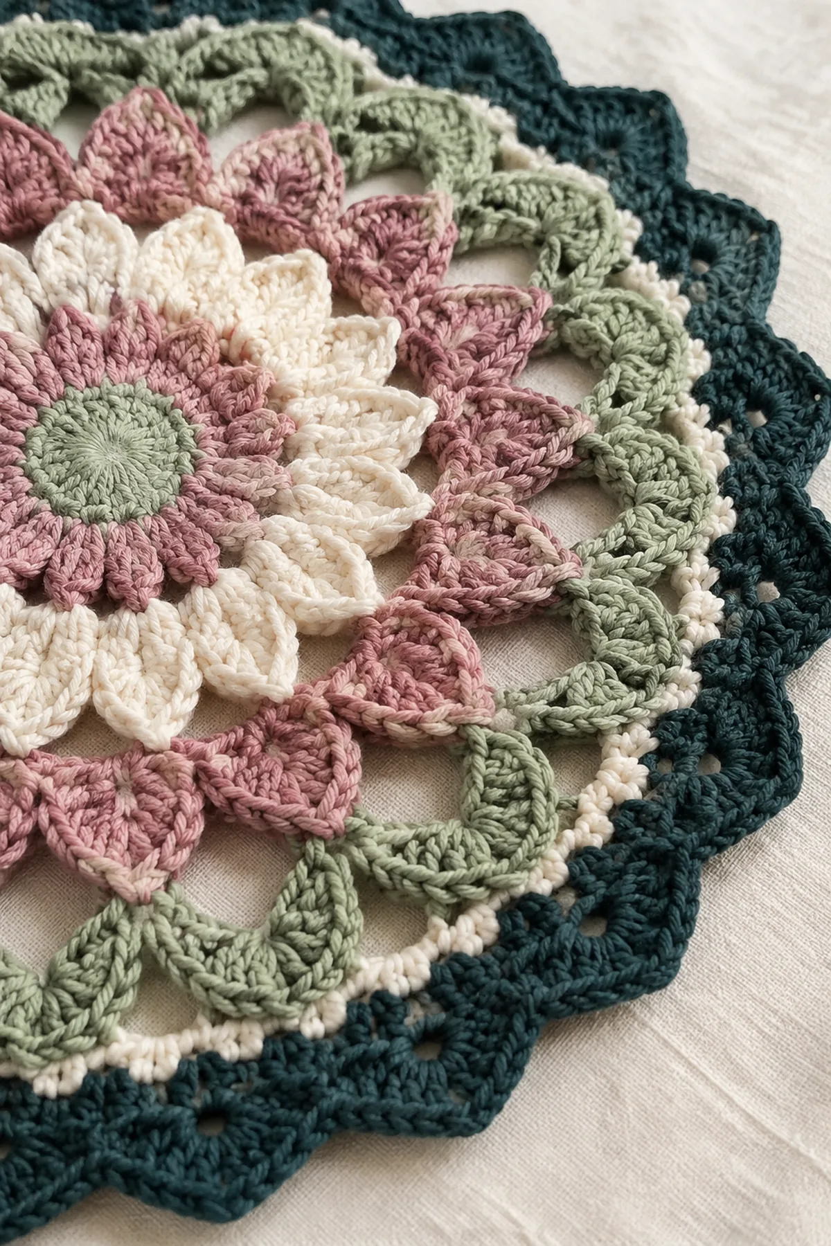 Close view of layered floral stitches and teal scallops on the crochet mandala.