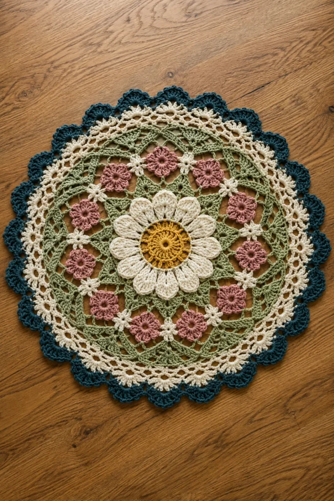 Round wildflower crochet mandala centerpiece in gold, cream, dusty rose, sage and teal viewed from above.