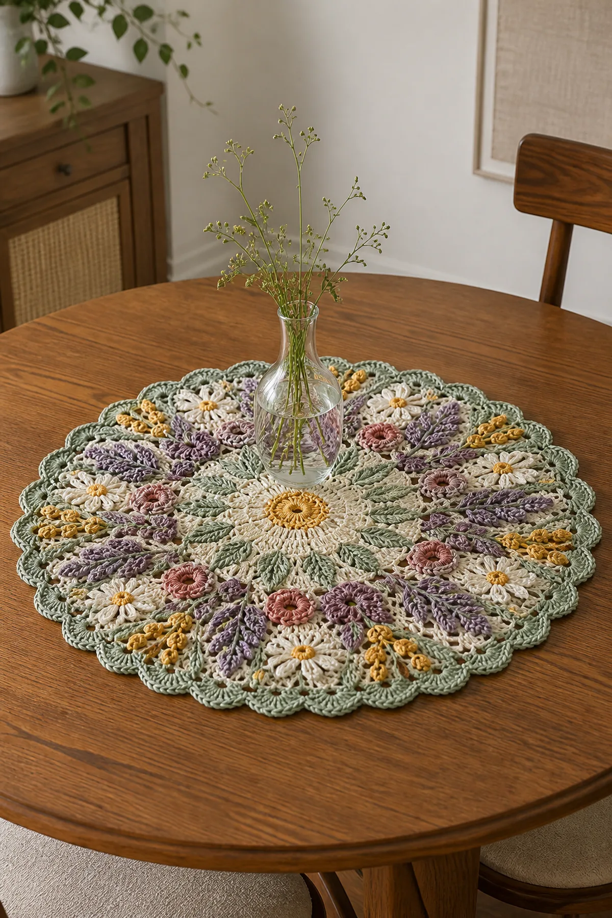 Finished wildflower crochet mandala displayed on a wooden dining table.