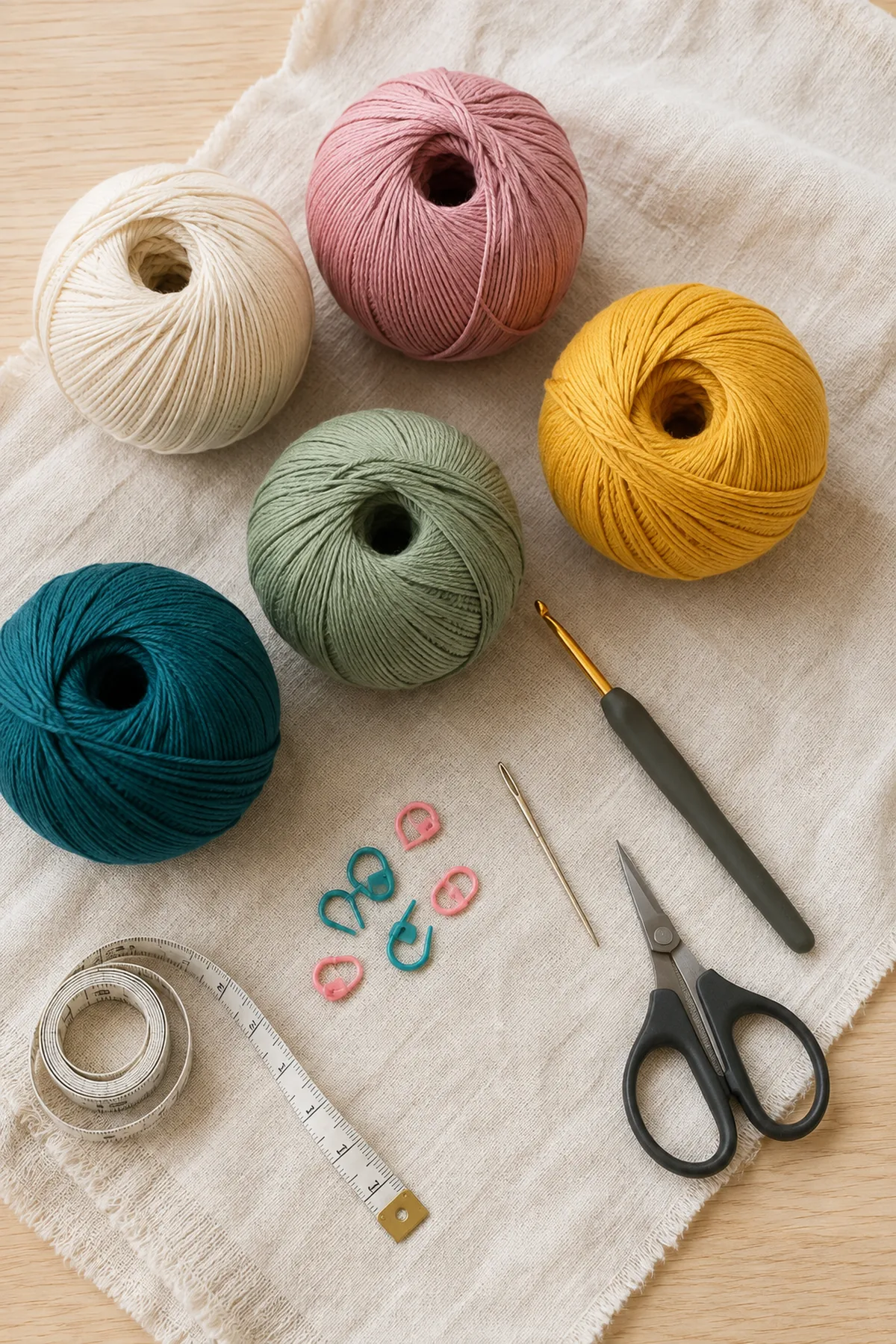 Colorful DK cotton yarn and crochet tools arranged for the wildflower mandala.