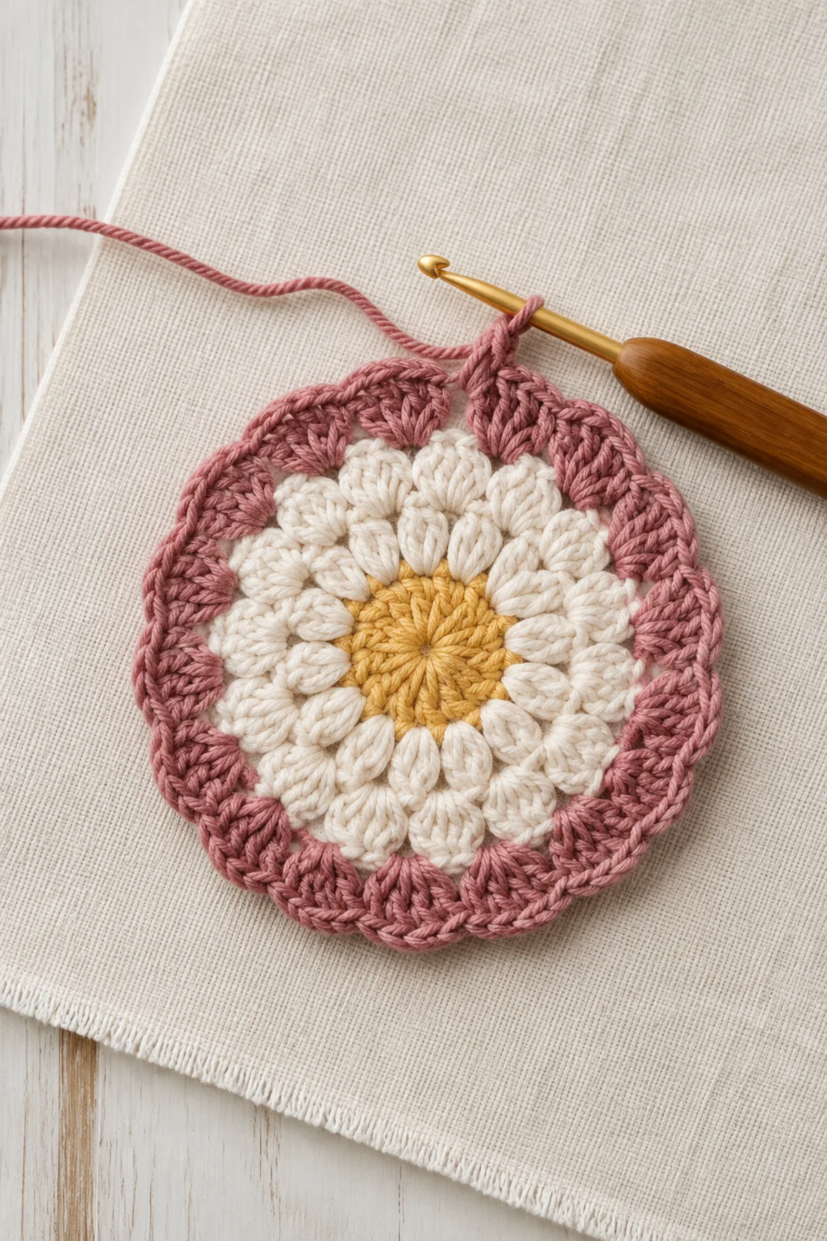Golden and cream center rounds of a floral crochet mandala with dusty rose yarn attached.