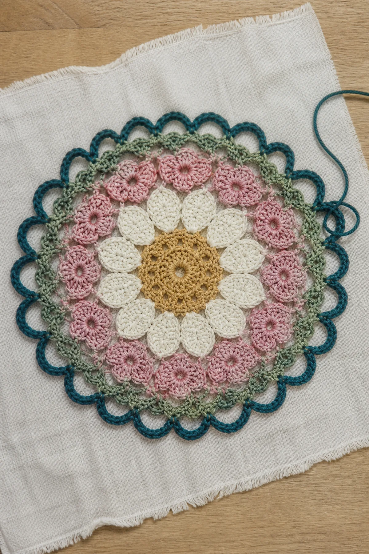 Nearly finished round mandala with sage leaf accents and an unfinished teal edge.