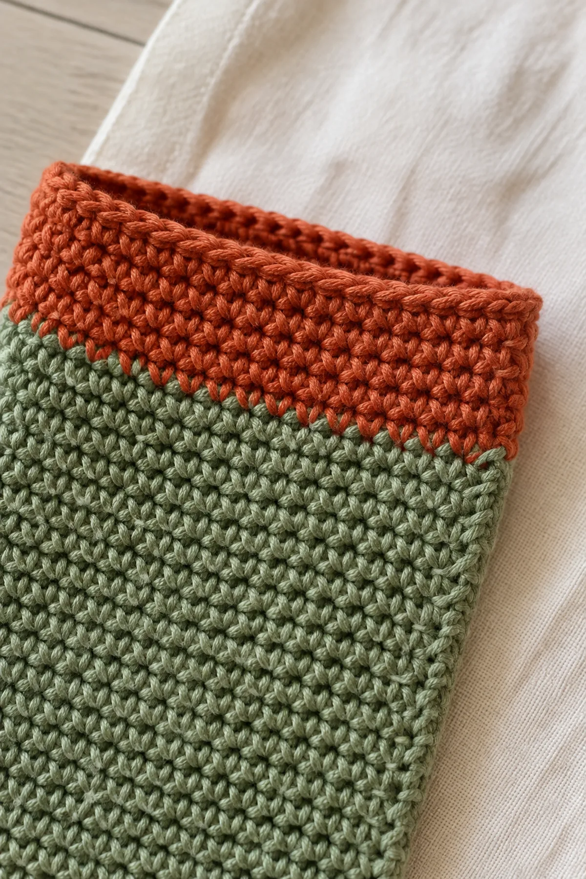 Close view of the terracotta opening, sage stitches, and side seam on the crochet glasses sleeve.
