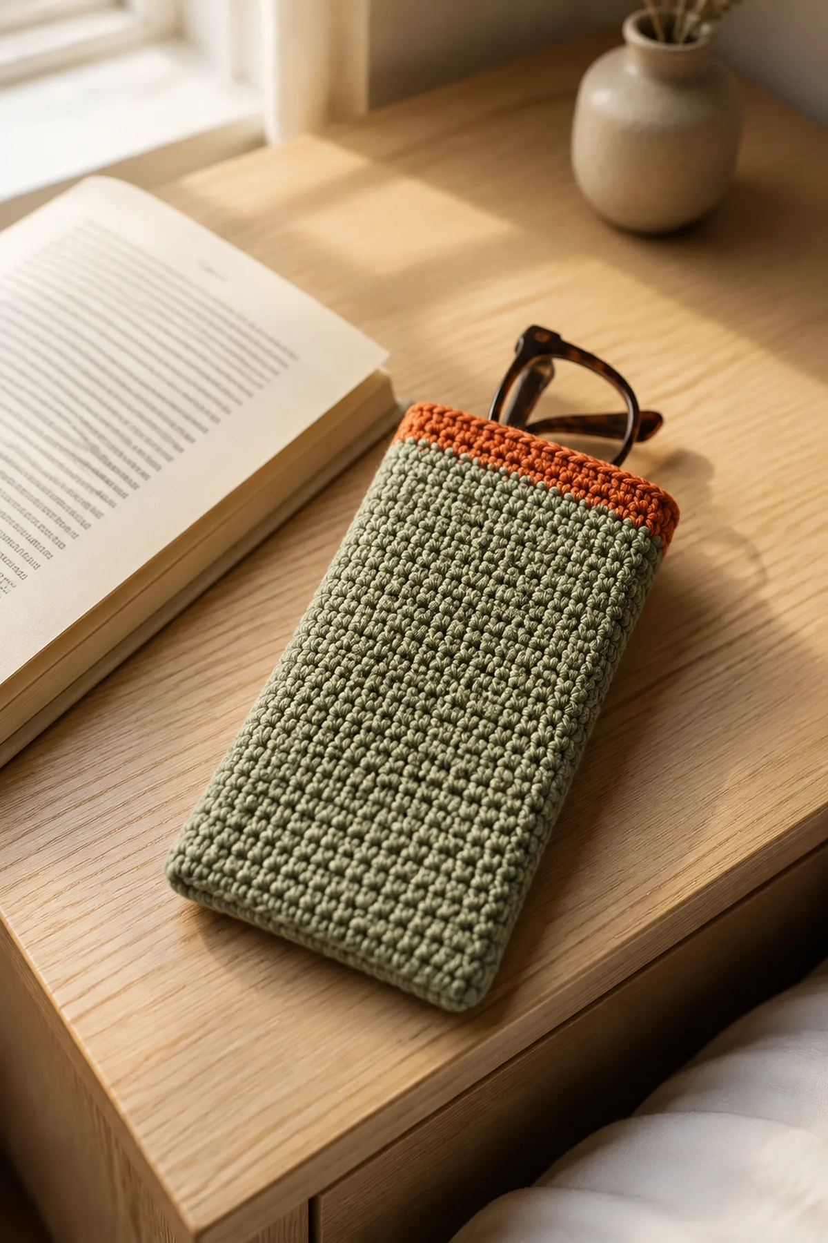Finished sage and terracotta glasses sleeve beside an open book on a wooden bedside table.