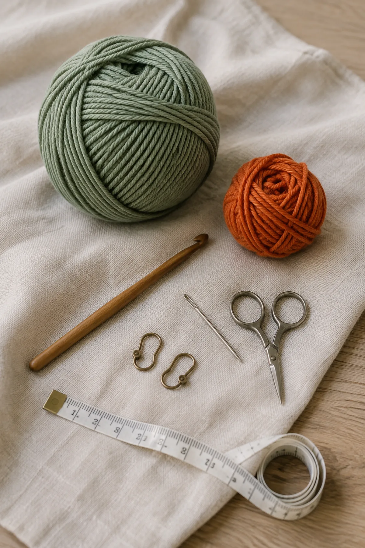 Sage and terracotta cotton yarn with a crochet hook, needle, scissors, stitch markers, and measuring tape.