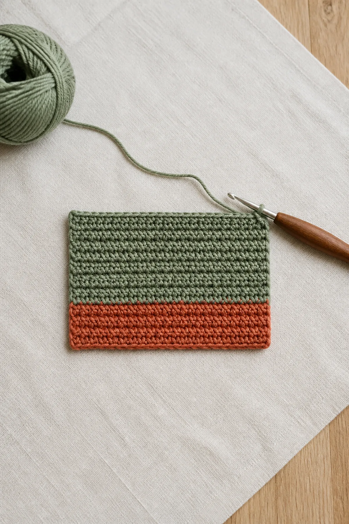 Flat crochet work showing the first terracotta band and the start of the sage single-crochet body.