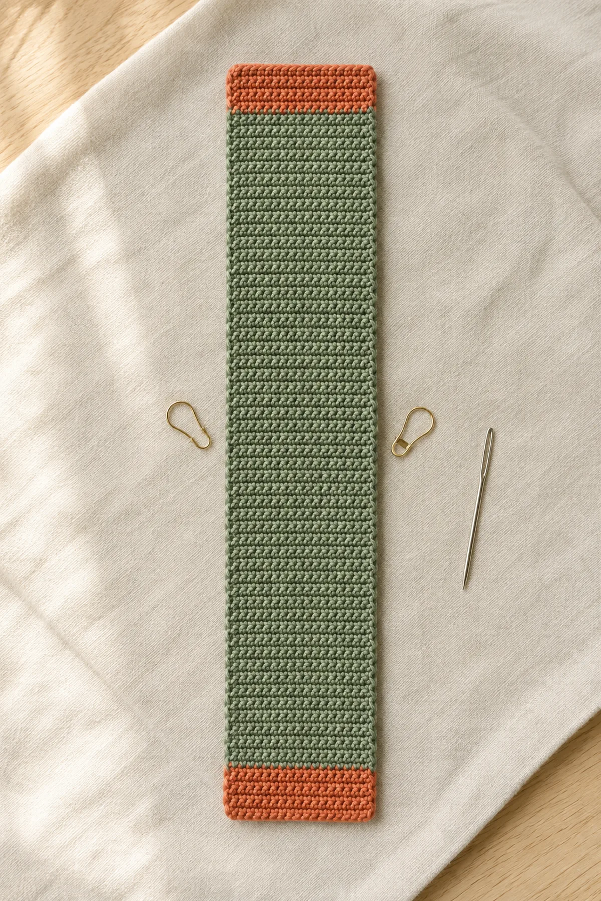 Long unseamed sage crochet rectangle with a terracotta band at each short end.