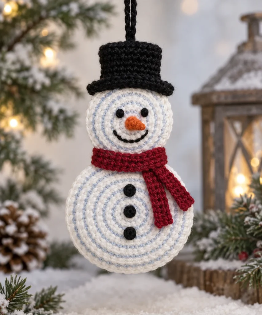Finished crocheted spiral snowman ornament with ice-blue ridges, cranberry scarf, carrot nose, and black top hat