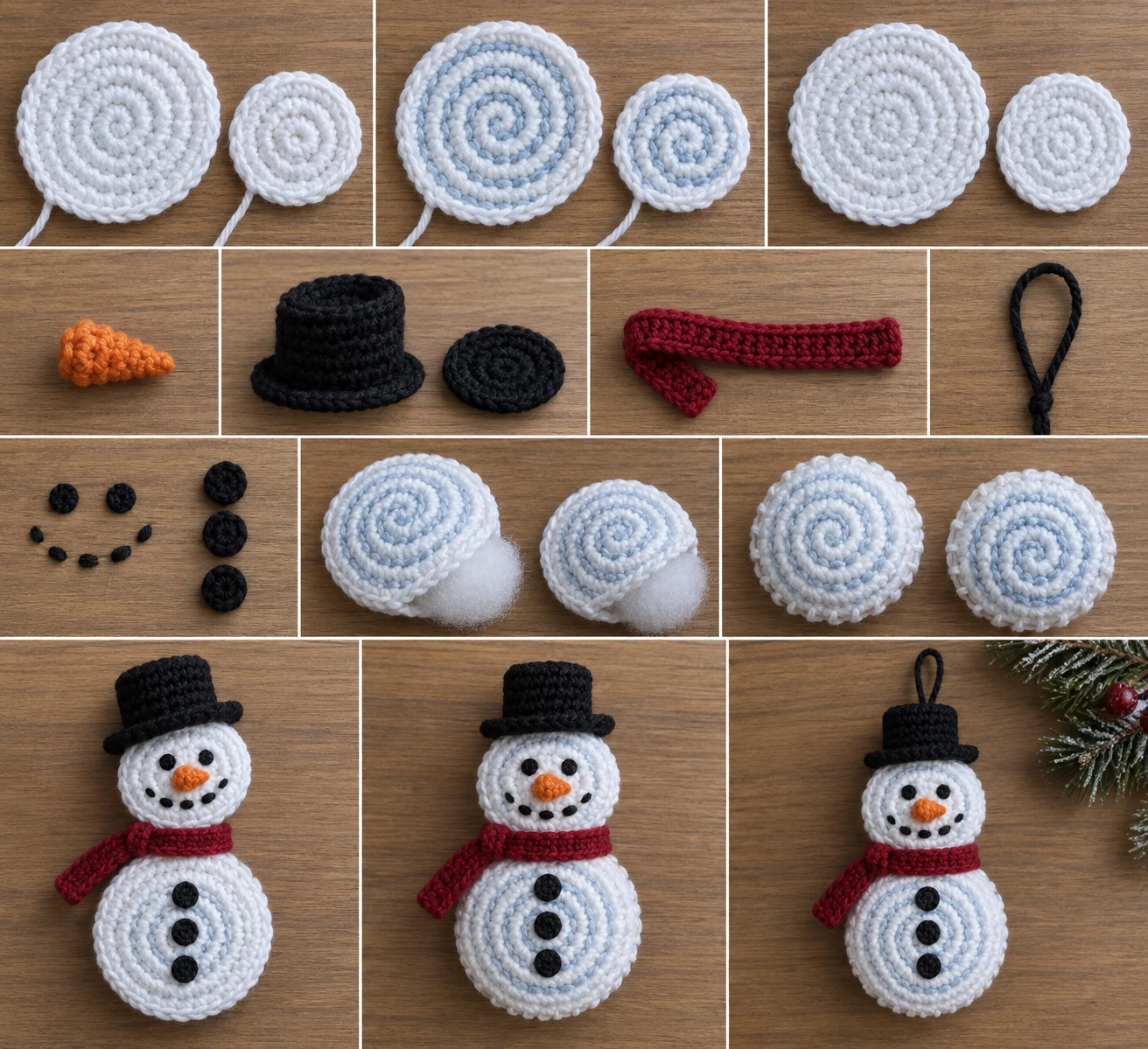 Construction collage showing the crocheted disks, surface spirals, accessories, stuffing, and assembly of a spiral snowman ornament