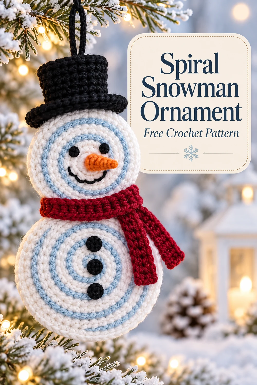 Vertical Spiral Snowman Ornament crochet pattern graphic featuring the finished snowman and readable pattern title
