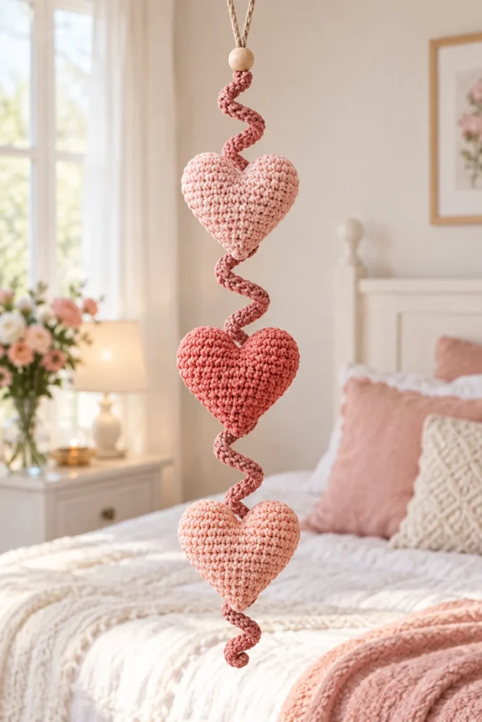 Finished Sweet Crochet Hearts in a Beautiful Spiral crochet project displayed clearly.