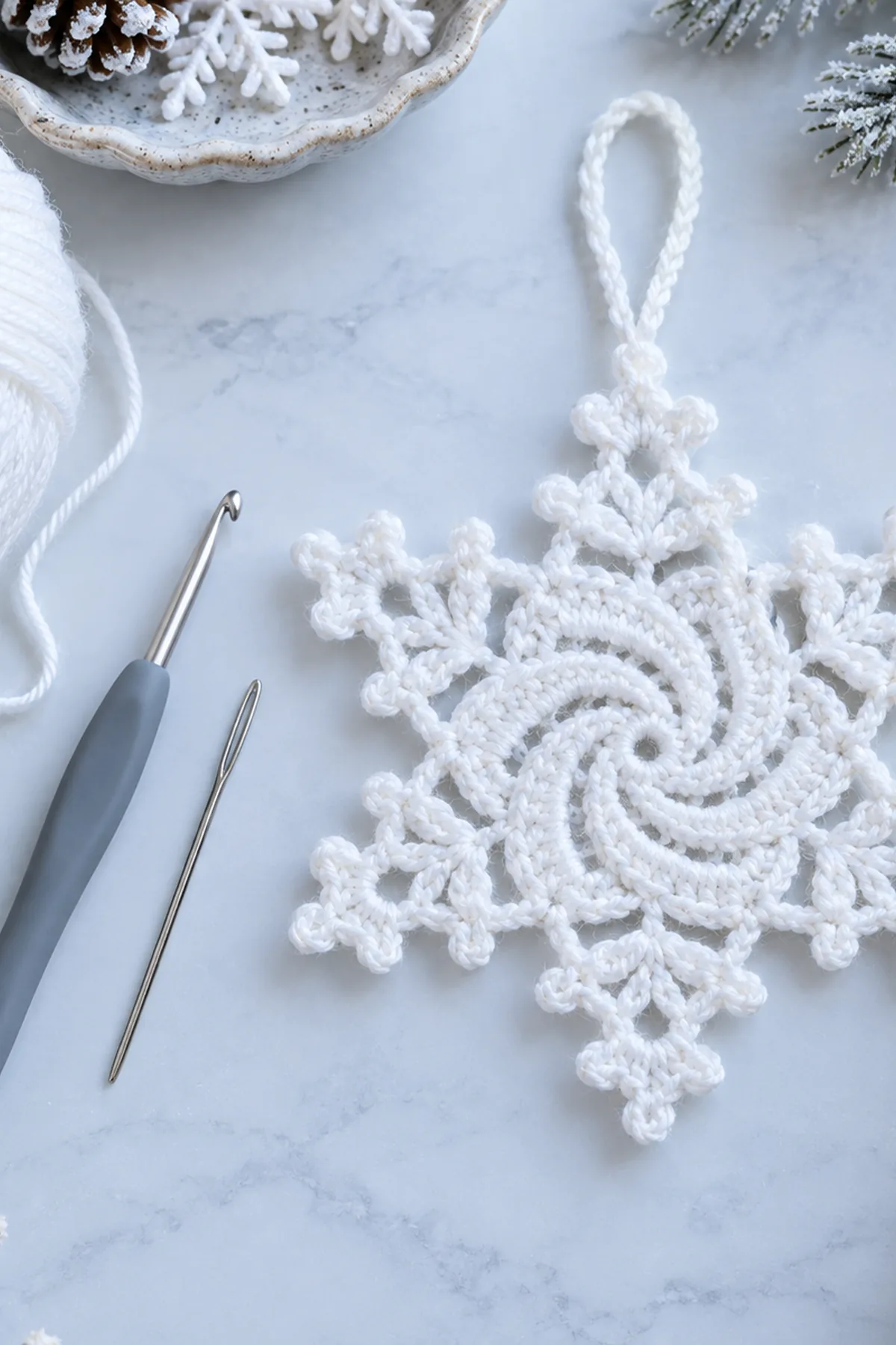White Crochet Spiral Snowflake Hanging Ornament: materials view.