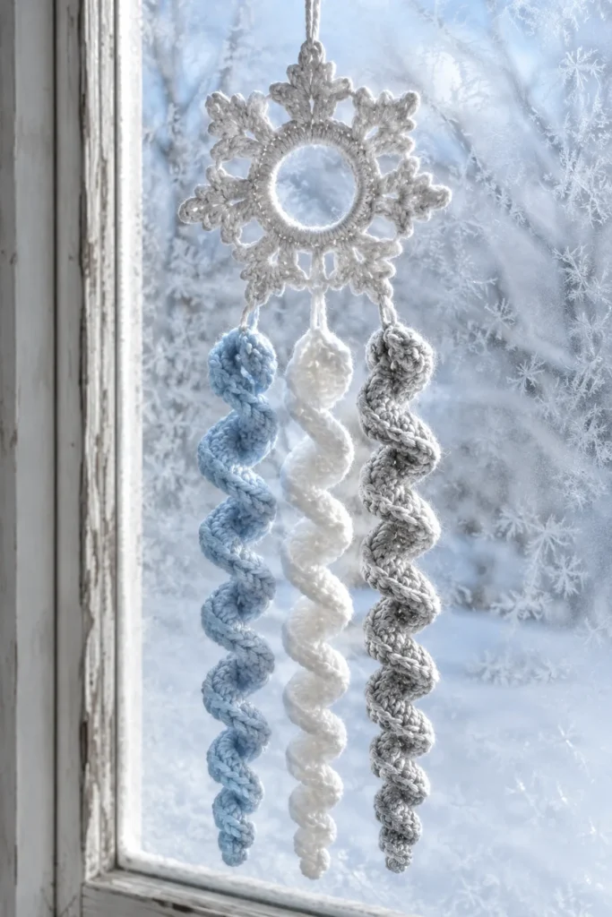 Icy blue white and silver crochet spirals hanging from a small snowflake ring in a winter window.