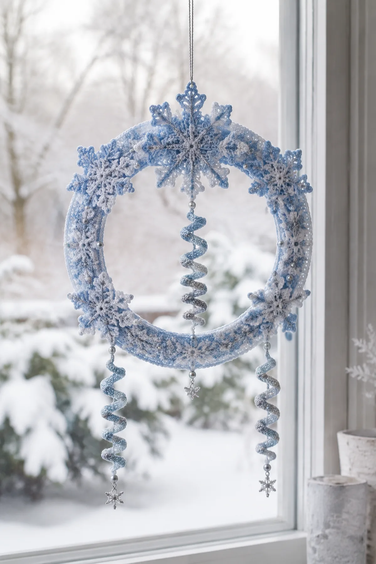 Finished winter snowflake spiral decoration hanging against a snowy window.
