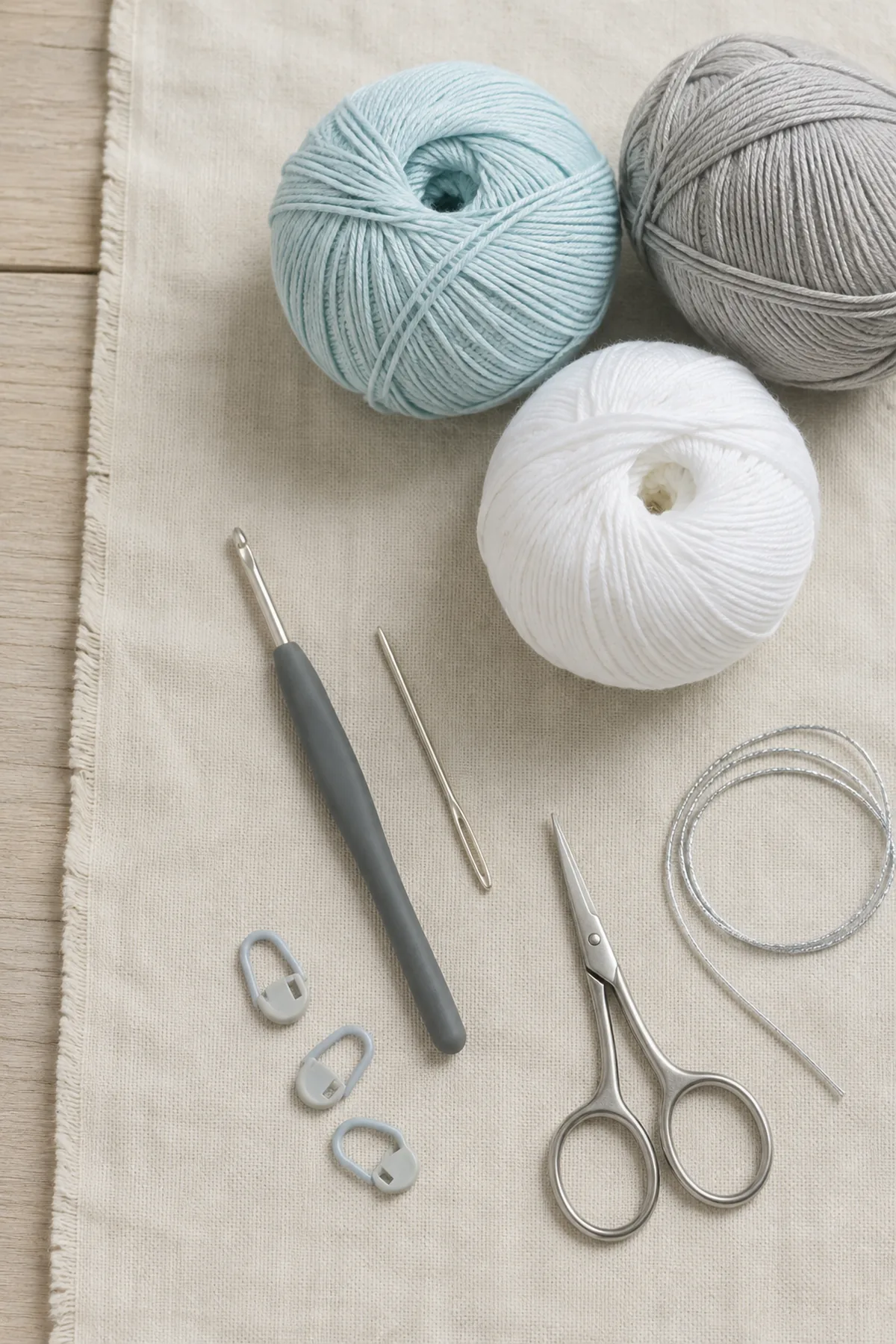 Cool-colored cotton yarn and tools for a winter snowflake spiral decoration.