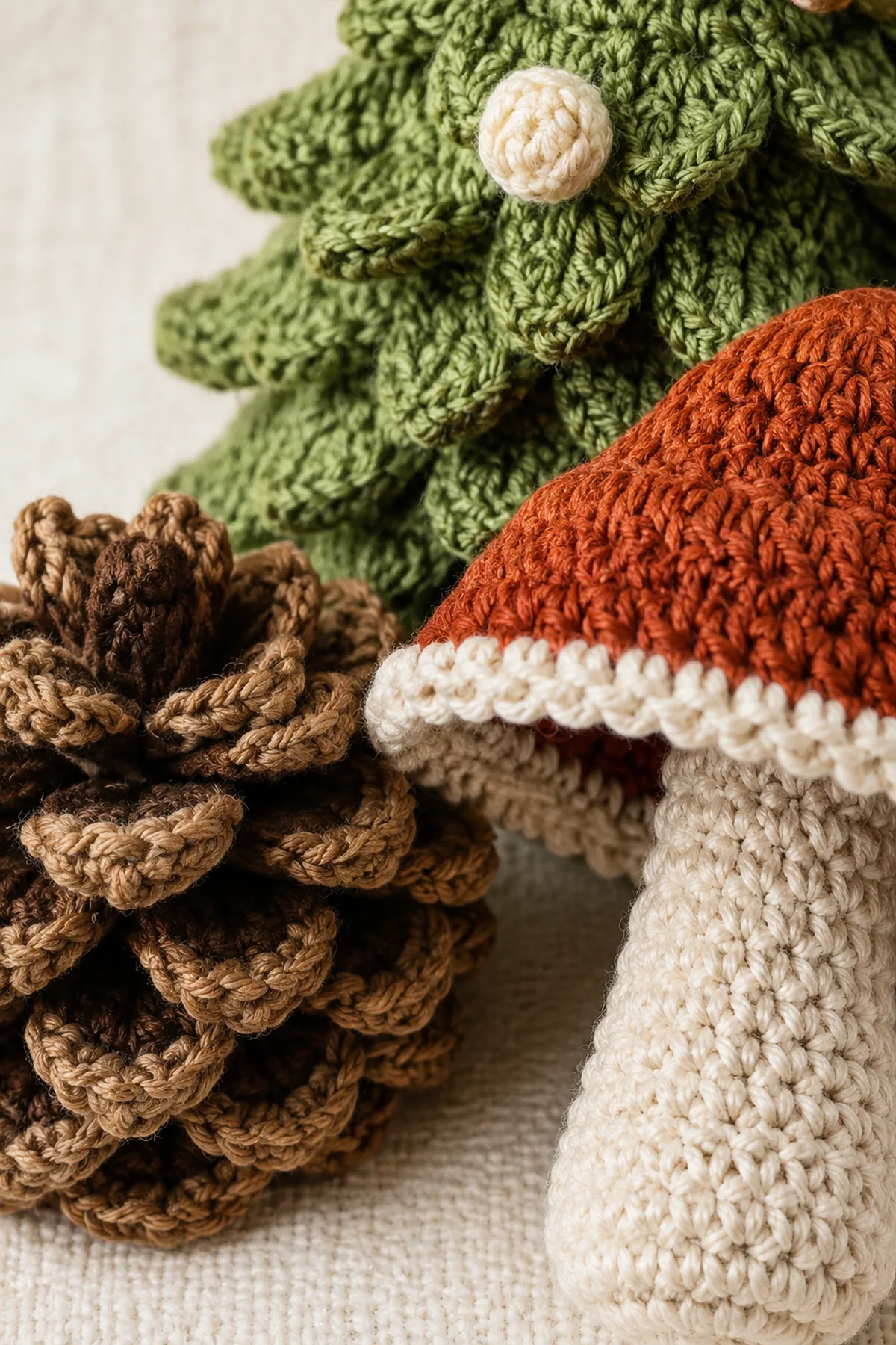 Close view of pinecone scales mushroom edge and tree bobble crochet textures.