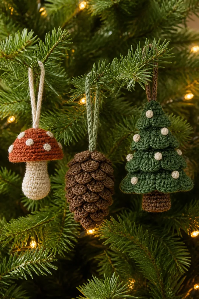 Crochet mushroom pinecone and fir tree ornaments hanging together on a Christmas tree.