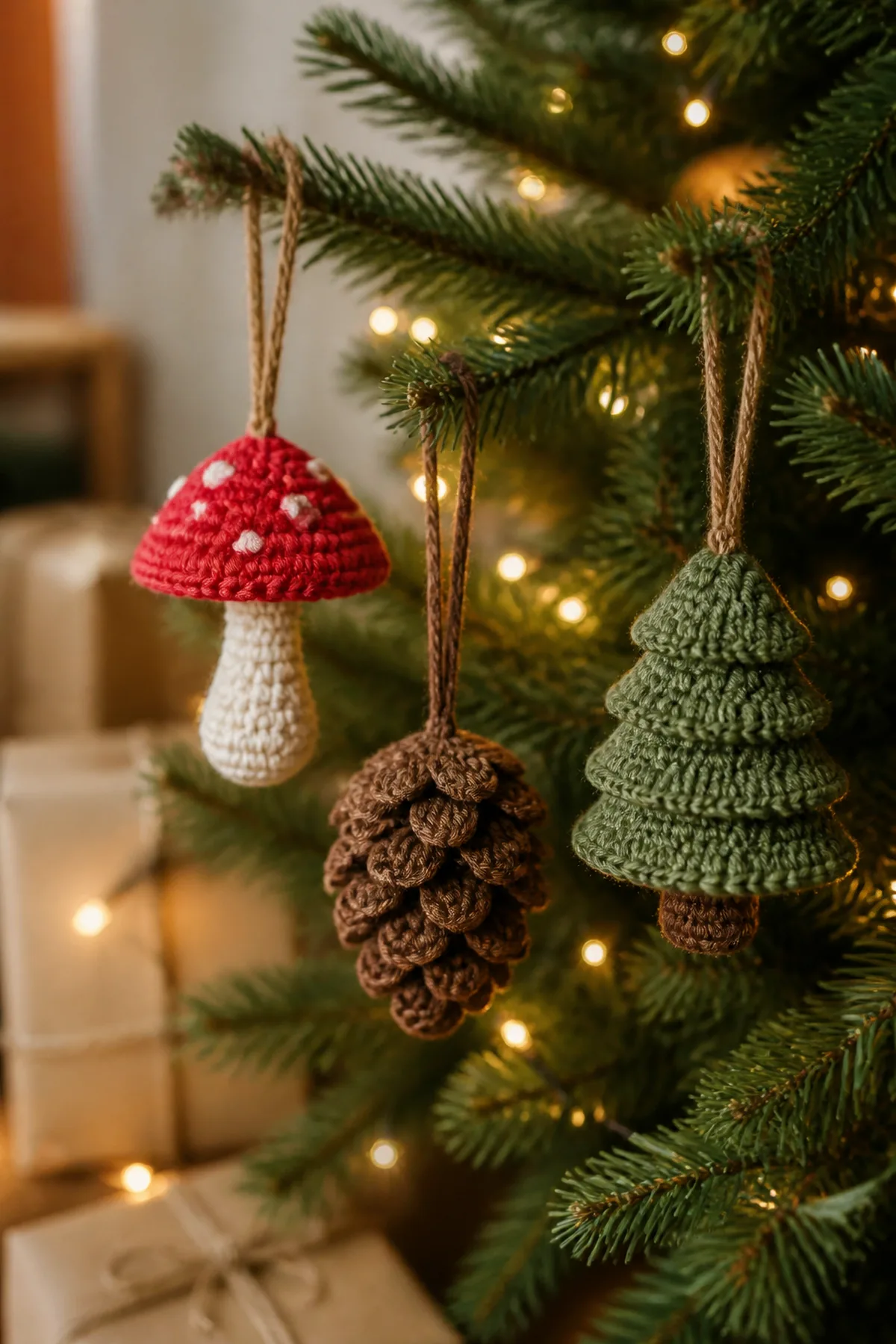 Coordinated woodland crochet ornament collection displayed on a Christmas tree.