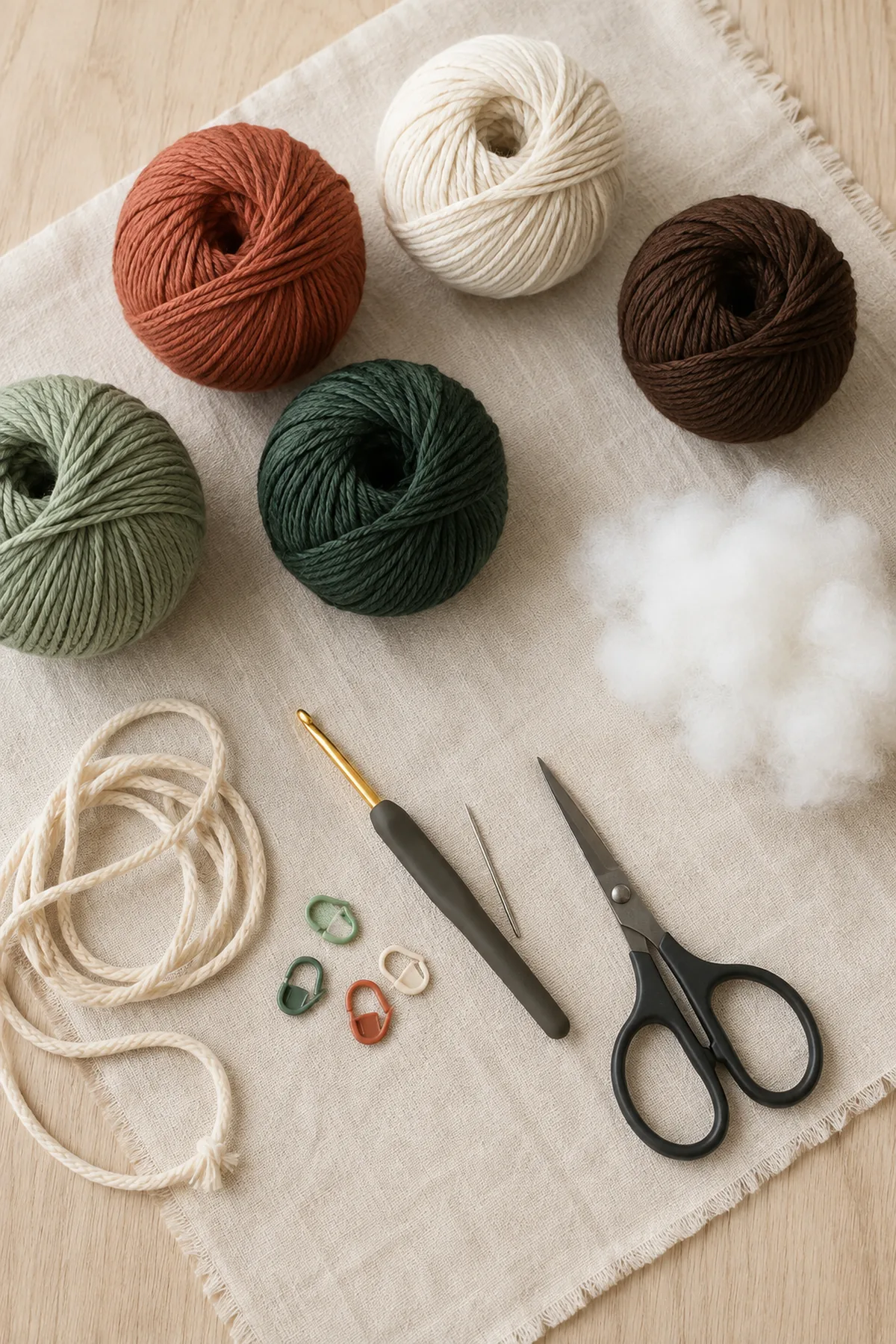 Woodland colored yarn tools fiberfill and hanging cord for three crochet ornaments.