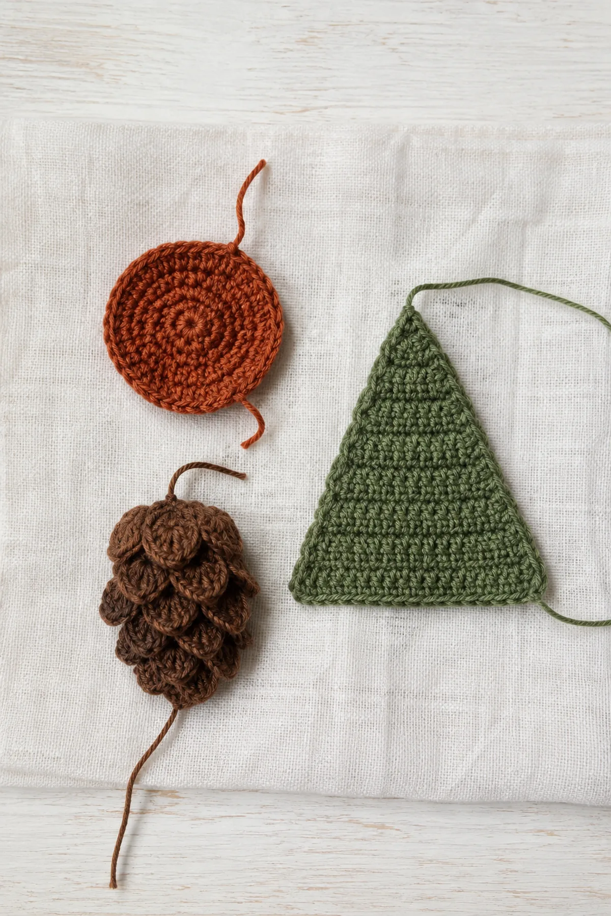 Unfinished crochet mushroom pinecone and tree components arranged separately.