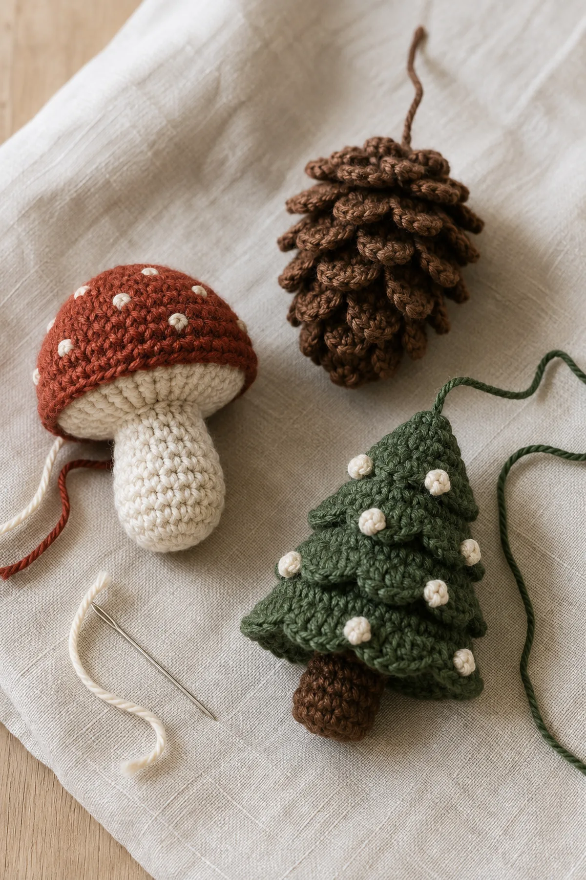 Nearly finished woodland crochet ornaments with yarn tails ready for hanging loops.