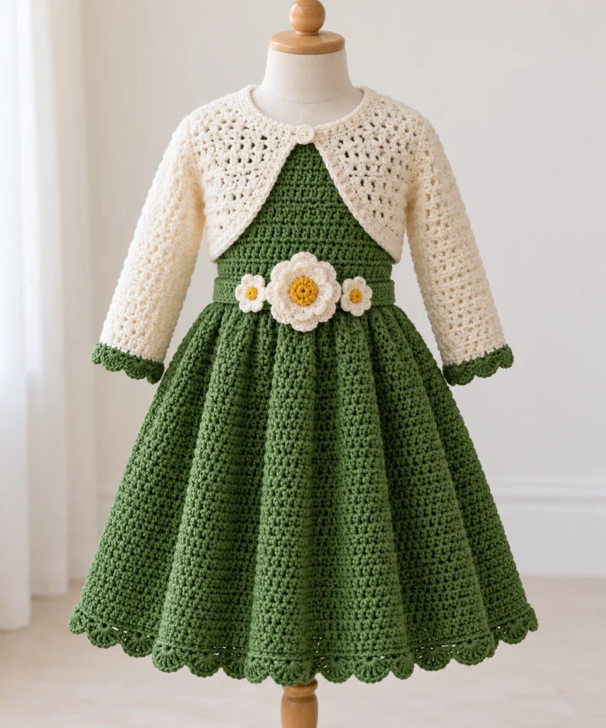 Finished green crochet dress for girls with cream flower belt and matching cream bolero