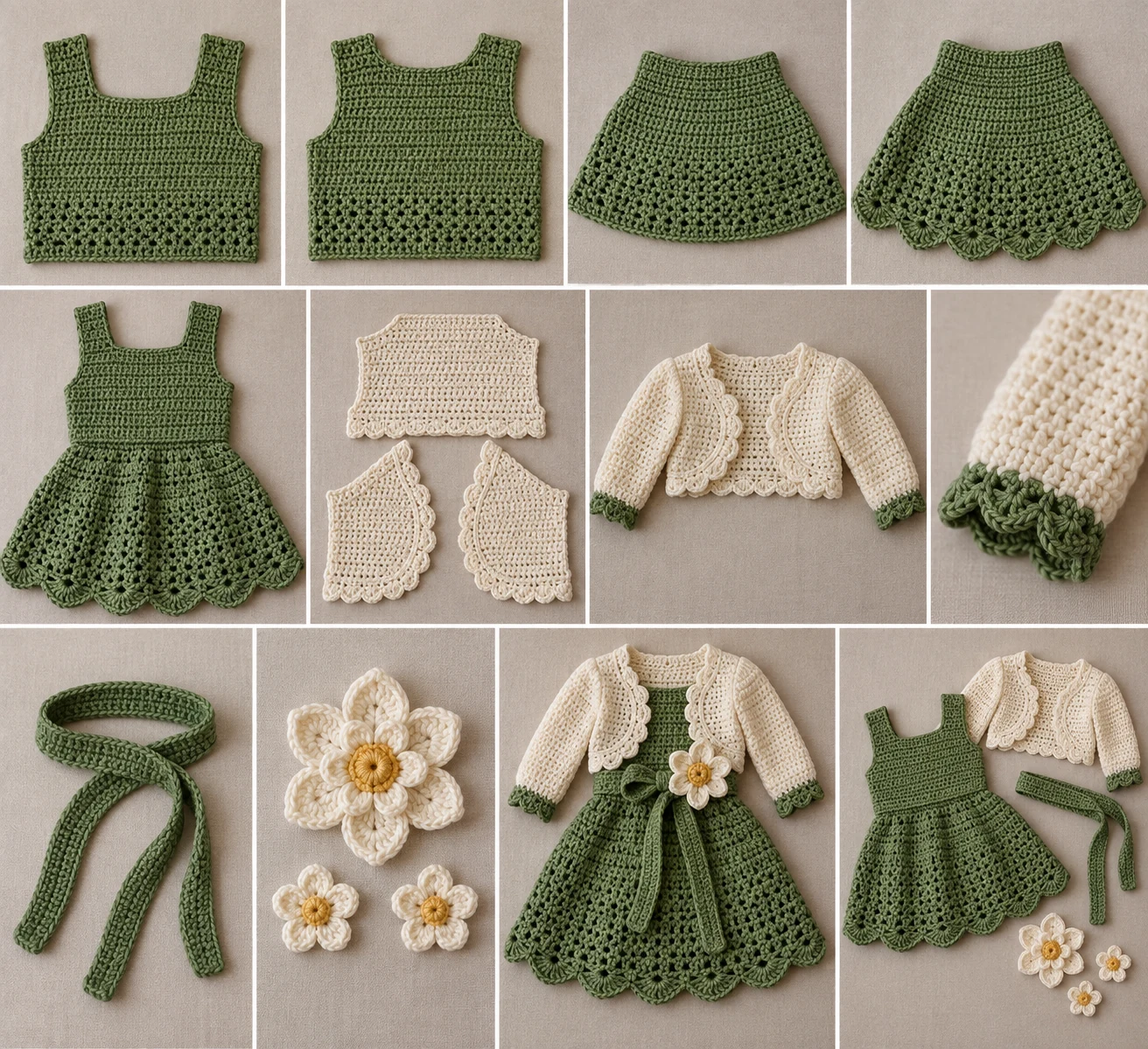 Construction collage showing the green crochet dress bodice, flared skirt, cream bolero pieces, sleeves, belt, and flowers