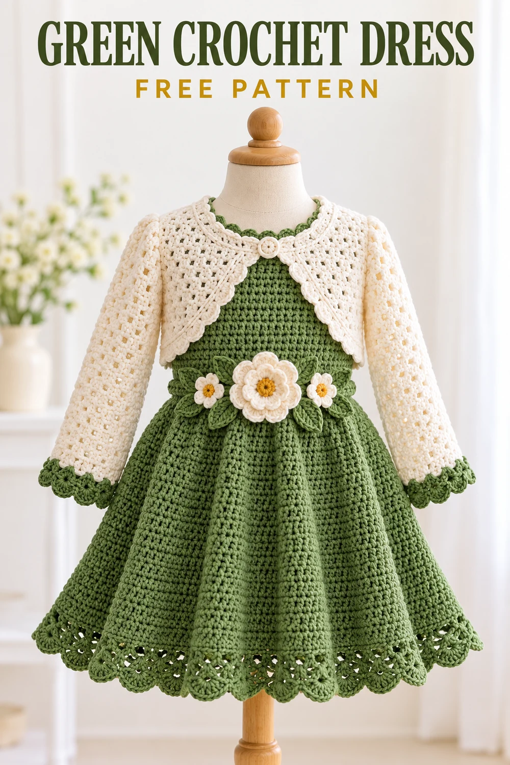 Green crochet dress for girls with flower belt and bolero free pattern Pinterest graphic