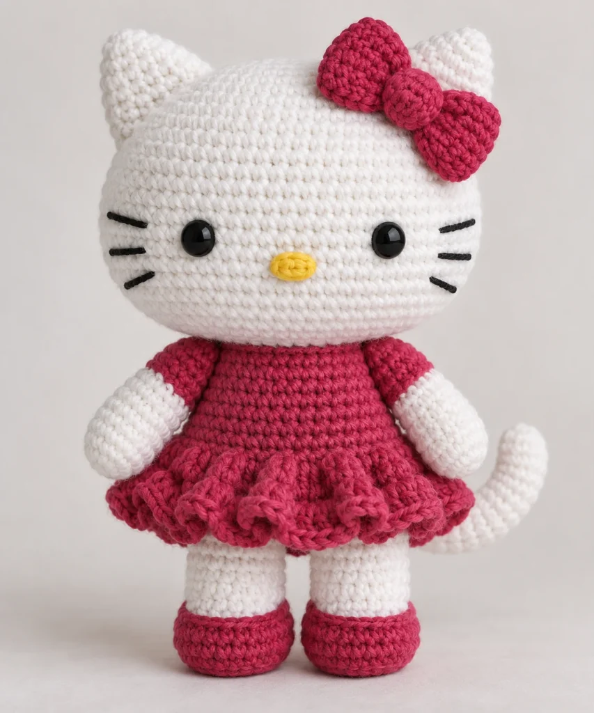Finished white cat amigurumi with raspberry dress, shoes, skirt ruffle, curved tail, and bow