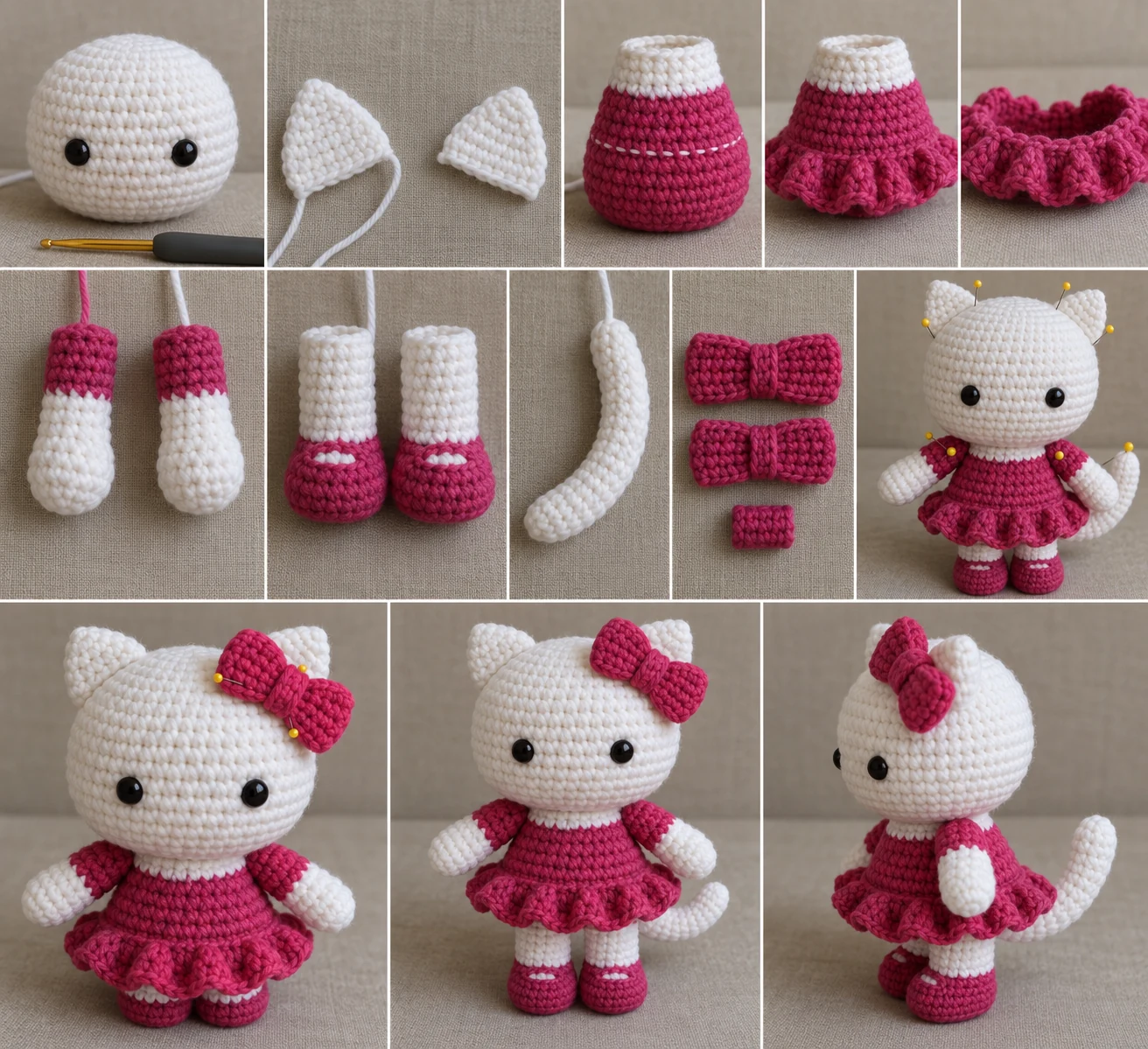 Construction collage showing the crocheted head, ears, dress torso, ruffle, limbs, tail, bow, and assembled cat doll