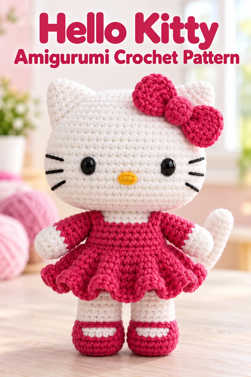 Vertical Hello Kitty Amigurumi Crochet Pattern graphic featuring the finished white and raspberry crochet cat doll