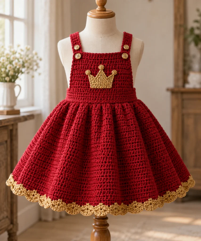 Finished handmade red crochet pinafore dress with adjustable shoulder straps, gold crown appliqué, and gold scalloped hem