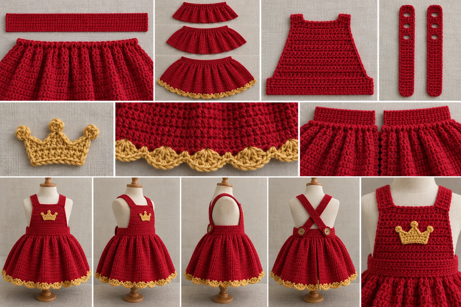 Construction collage showing the red crochet waistband and skirt, shaped bib, two adjustable straps, gold crown, and assembled pinafore dress