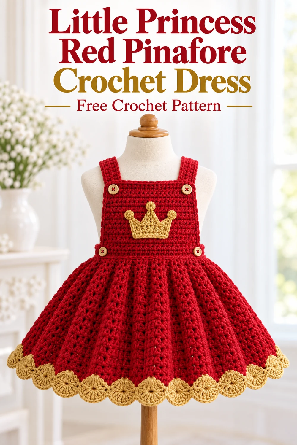 Vertical Pinterest graphic for the Little Princess Red Pinafore Crochet Dress free pattern