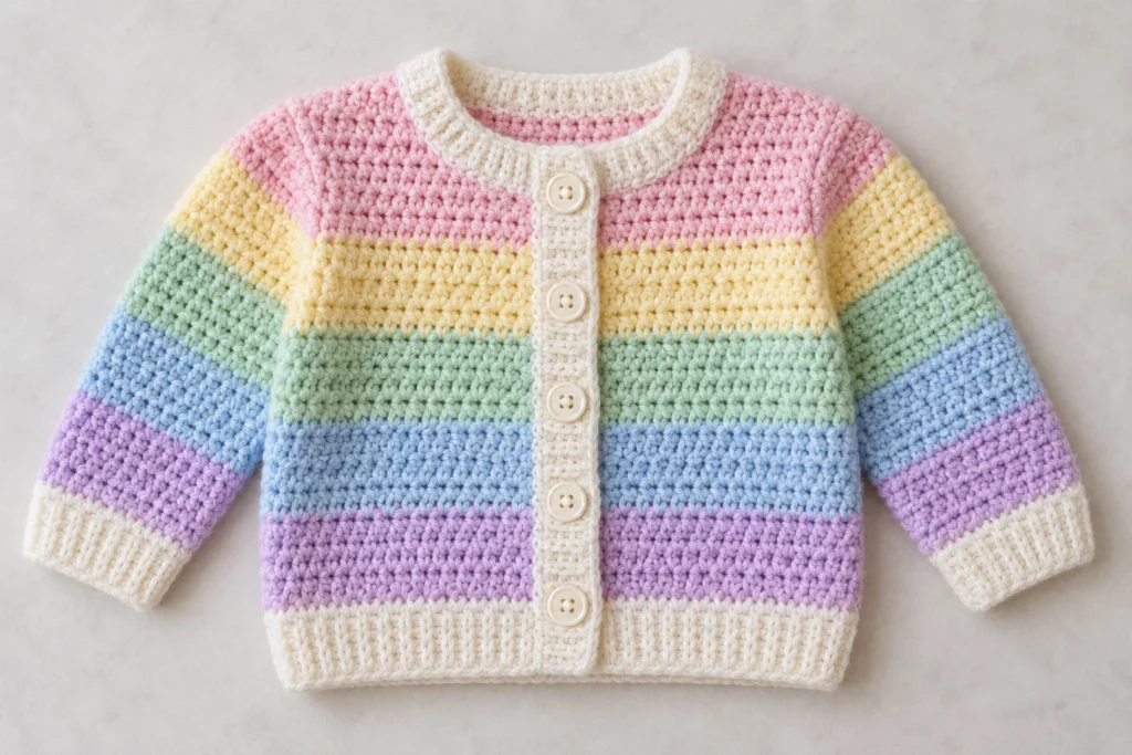 Finished pastel rainbow crochet baby cardigan with long sleeves, five buttons, and cream ribbed trim