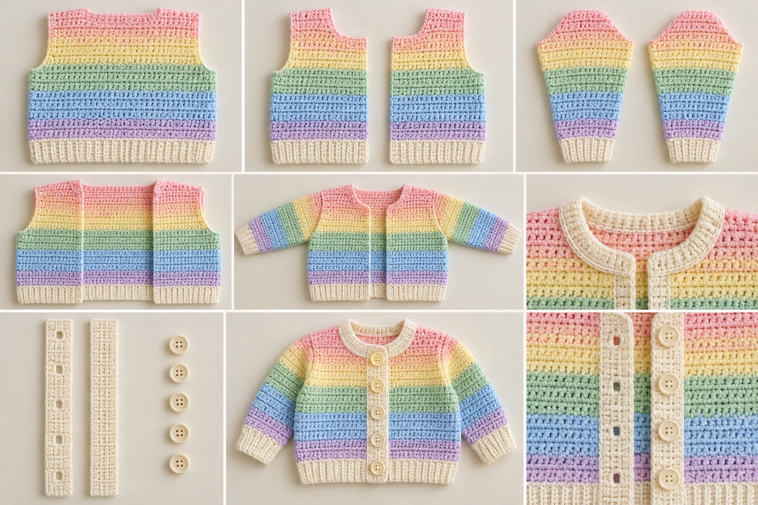 Construction collage for a pastel rainbow crochet baby cardigan showing body panels, sleeves, cream trim, buttonholes, buttons, and assembly