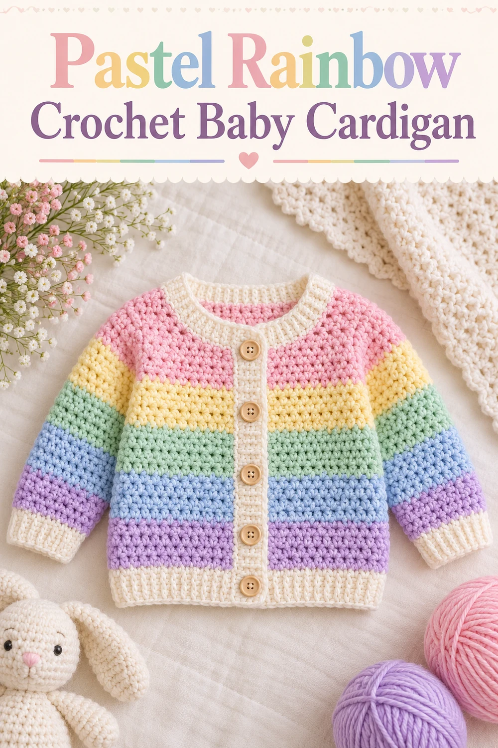 Pastel Rainbow Crochet Baby Cardigan pattern graphic featuring the finished striped cardigan with cream trim