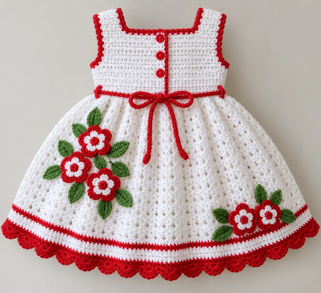 Finished red and white crochet baby dress with flower appliques, green leaves, waist bow, and scalloped hem