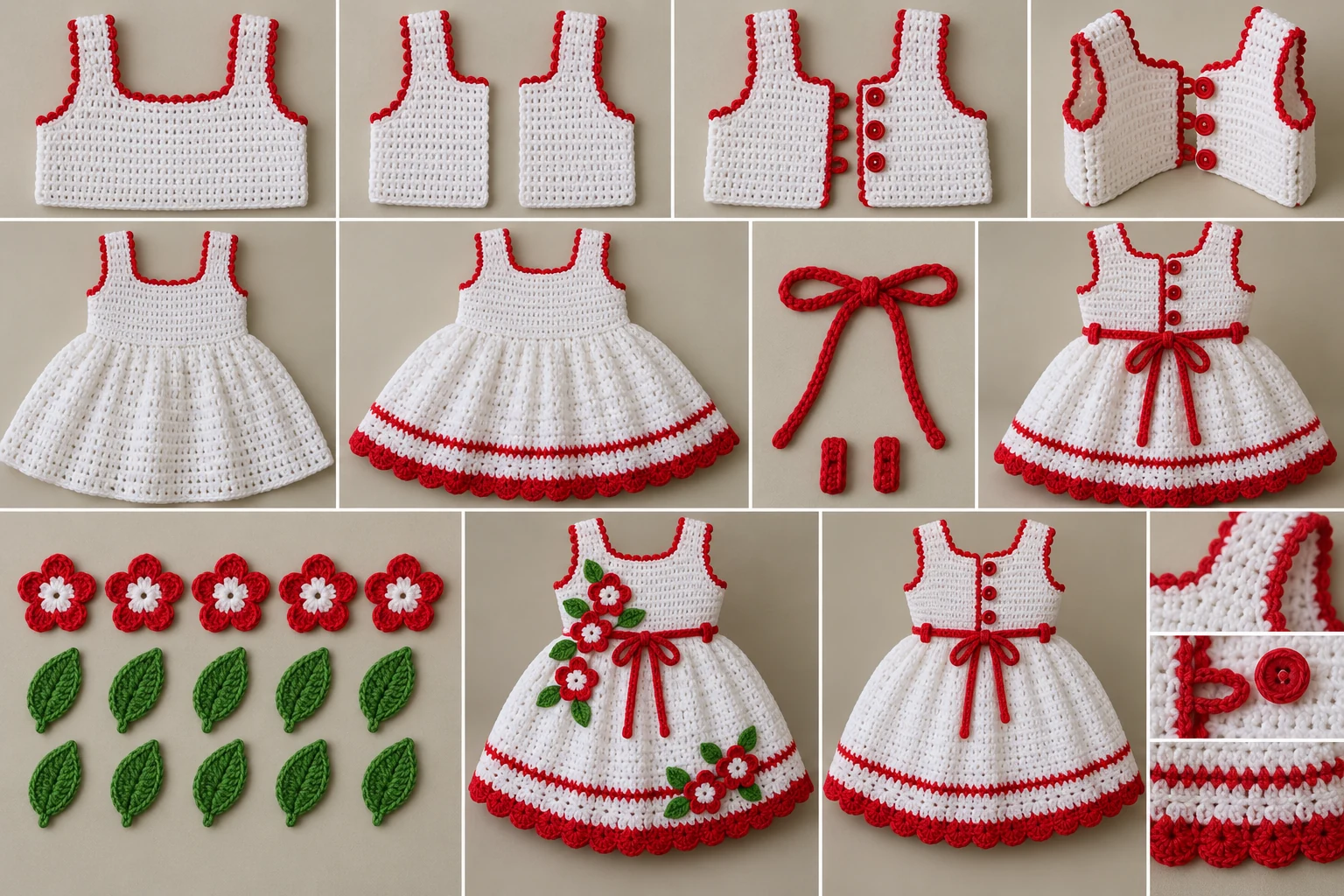 Construction collage showing the white bodice pieces, joined skirt, red edgings, waist tie, flowers, leaves, and finished crochet baby dress