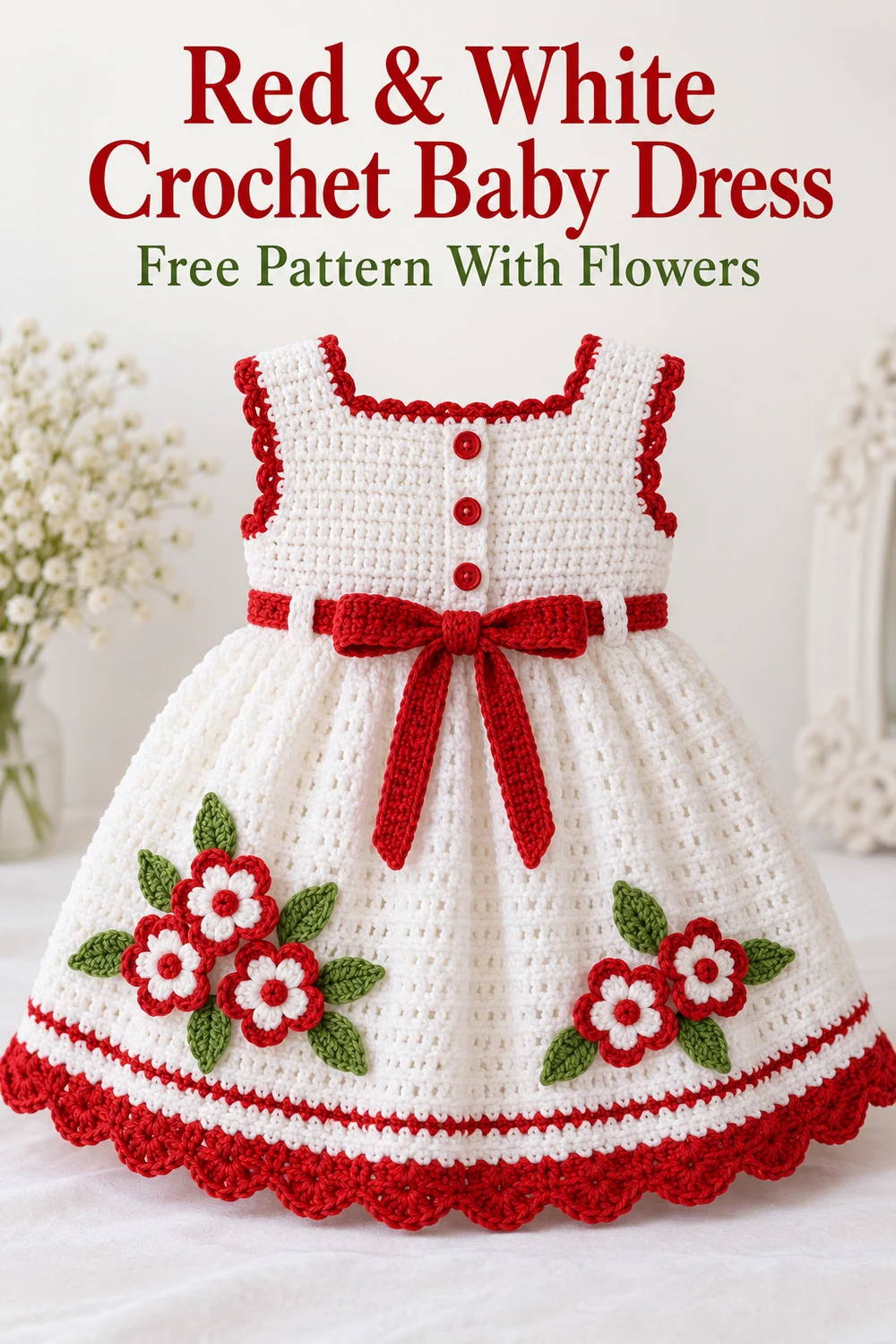 Vertical Pinterest graphic for the Red and White Crochet Baby Dress Pattern With Flowers
