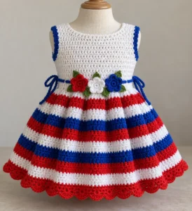 Finished red white and blue crochet baby dress with striped scalloped skirt and three flower appliqués