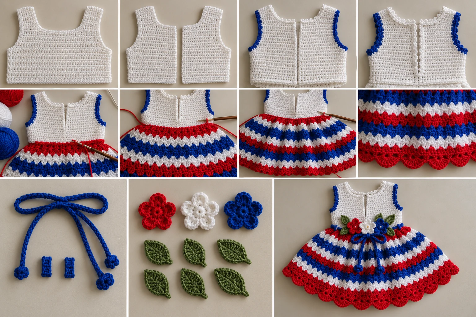 Construction collage showing the white crochet bodice, striped skirt, blue edgings, belt, flowers, leaves, and final assembly