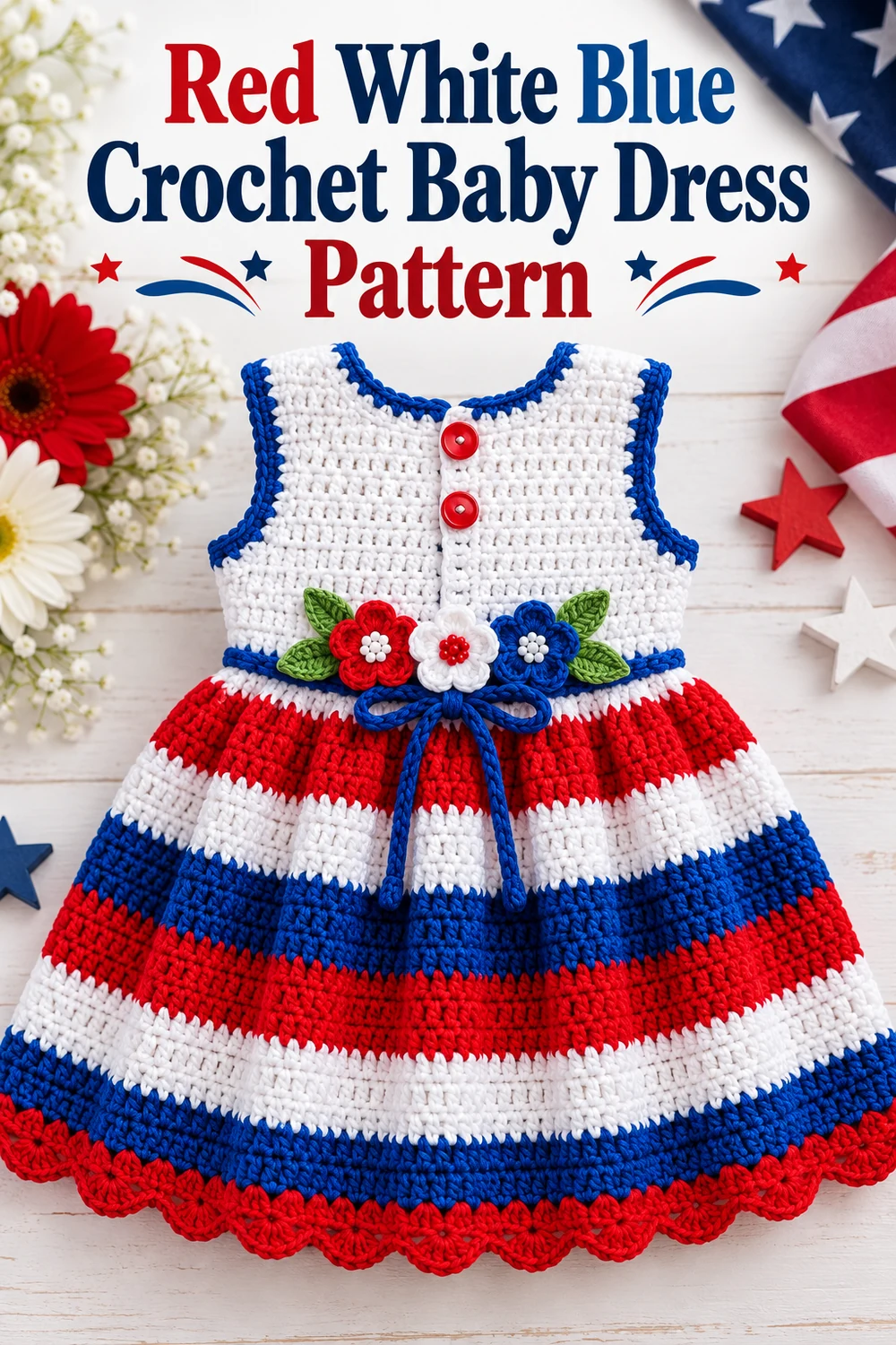 Vertical Pinterest graphic for the Red White Blue Crochet Baby Dress Pattern with Flowers