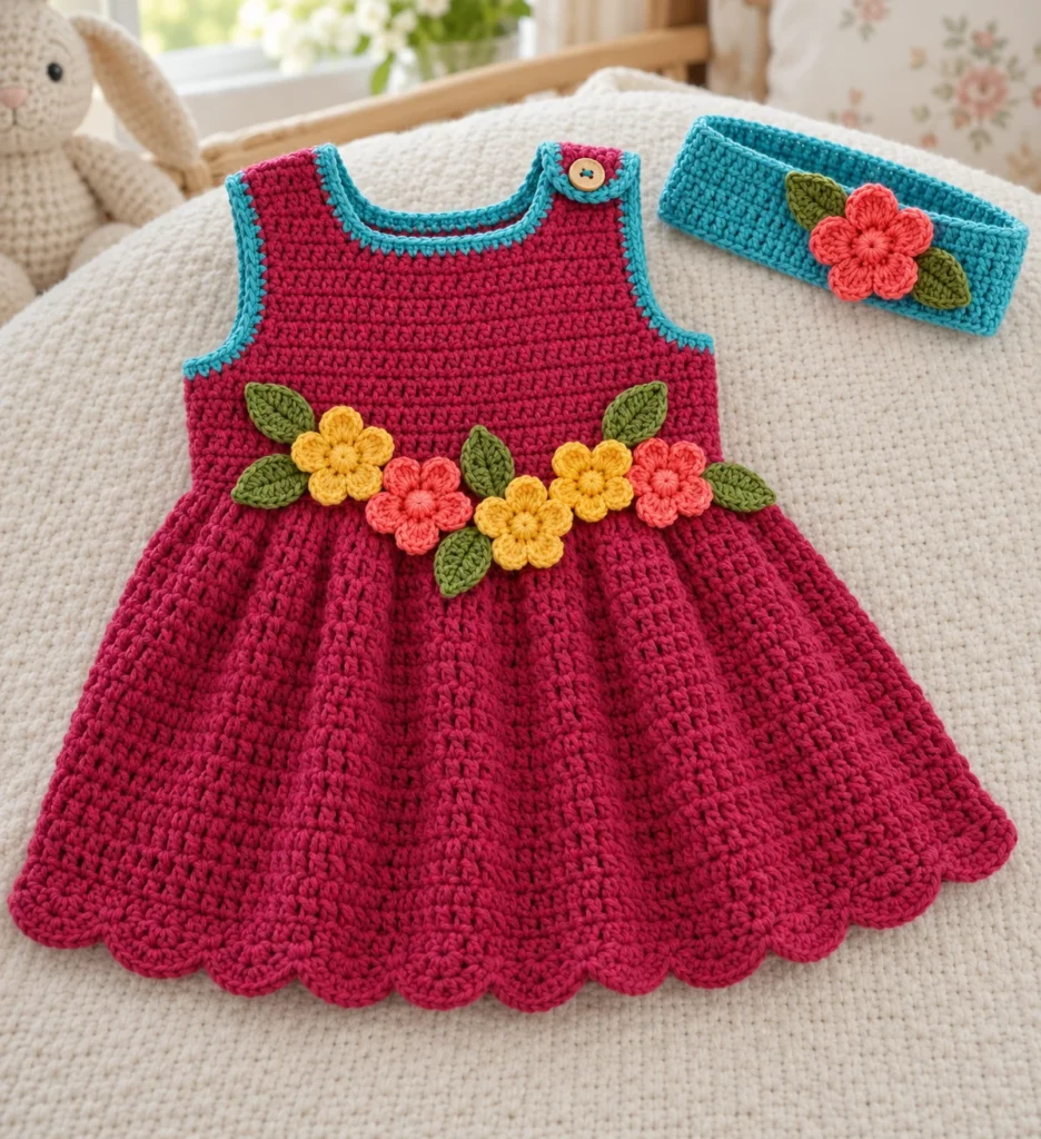 Finished raspberry crochet baby dress with turquoise edging, colorful flowers, green leaves, scalloped hem, and matching floral headband